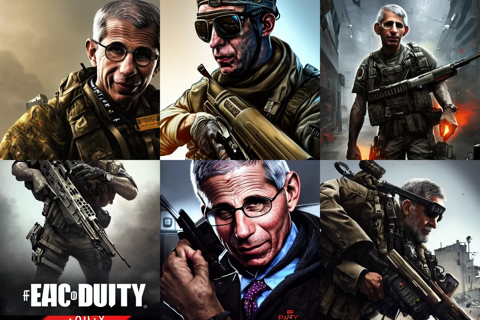 Prompt: dr. fauci in call of duty cover, epic, 4 k resolution, extremely detailed, very sharp, artstation, digital art, vibrant,