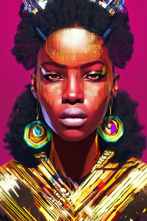 Image similar to portrait of the African Android Queen, by DC comics and Sandra Chevrier and beeple, artstation, volumetric lighting, hyperrealism, 4k UHD