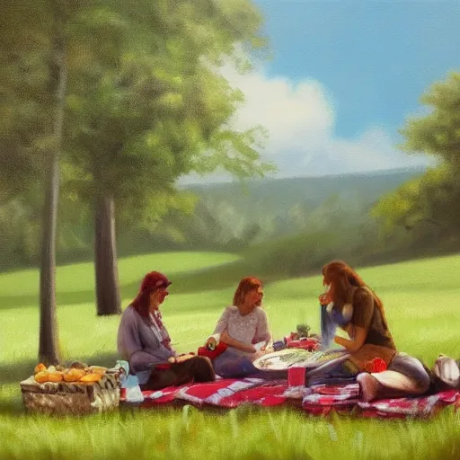 Prompt: a picnic with no people, oil painting, pale colors, high detail, 8 k, wide angle, trending on artstation,
