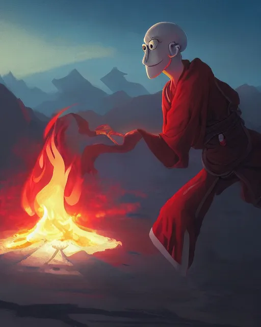 Image similar to squidward wearing fire nation clothing and practicing firebending outside at susnset, [ greg rutkowski ]