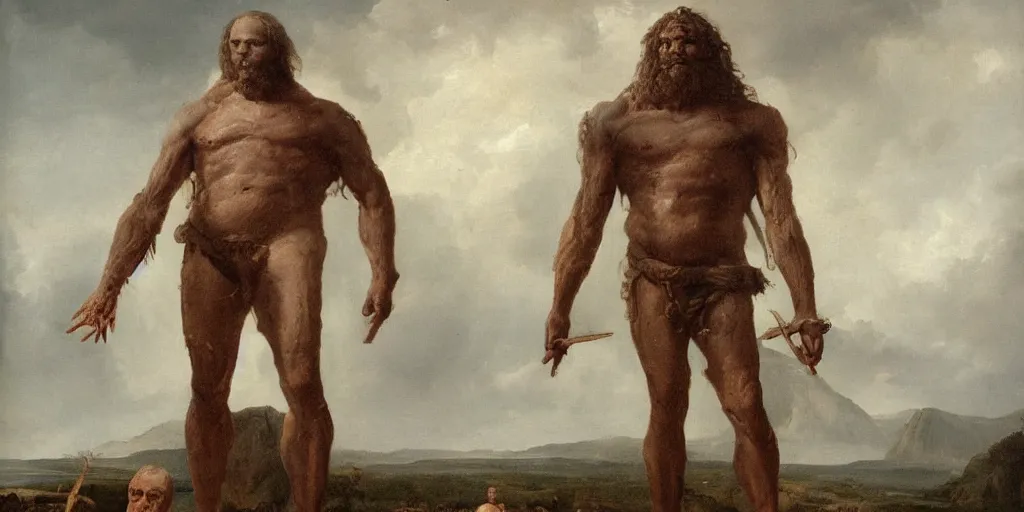 Prompt: high quality high detail painting, dead giant goliath, david standing next to the body