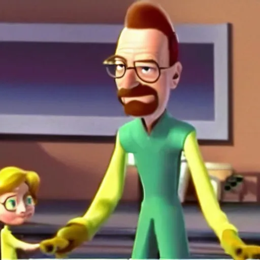 Prompt: A screenshot of Walter White in Meet The Robinsons (2007) low quality, vhs quality,