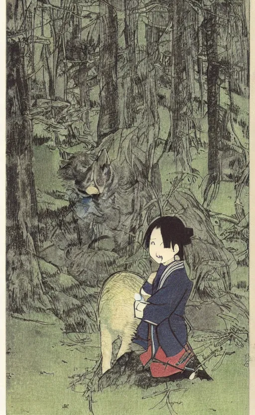 Prompt: by akio watanabe, manga art, girl observing to a boar in the forest, trading card front, kimono, realistic anatomy