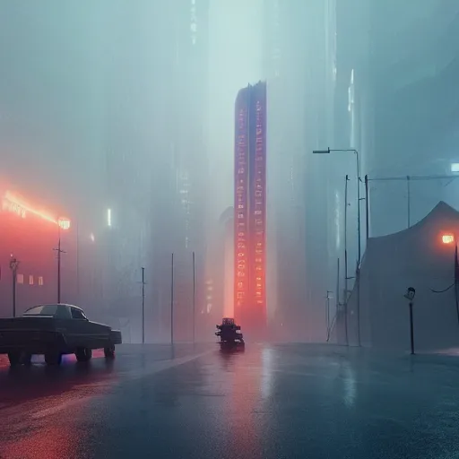 Image similar to in a city with a rich history, the huge building stands in the middle, the road is full of ghosts, blade runner 2 0 4 9, highly detailed, cinematic landscape ， foggy ， octane render ， trending on behance,