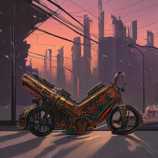 Image similar to painting of syd mead artlilery scifi hover bike with ornate metal work lands on a sidewalk, filigree ornaments, volumetric lights, simon stalenhag