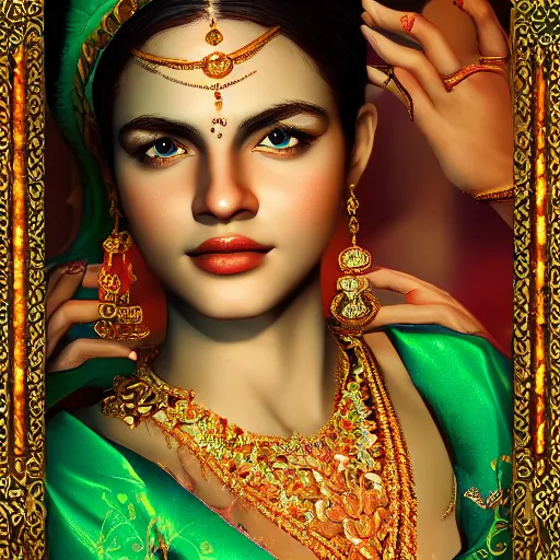 Image similar to photograph of wonderful princess with smooth fair skin, indian, green jewelry, breathtaking, elegant, ornate, intricate, hyper detailed, accent lighting, dramatic light, 4 k octane render