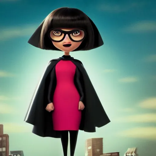 Prompt: a still of an edgy Edna Mode wearing a cape, Pixar (2018)