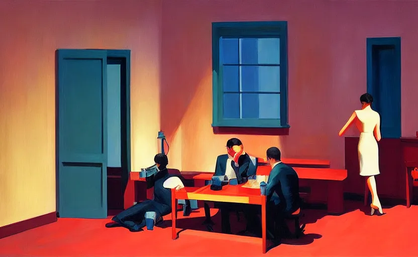 Prompt: Inside mafia room, very coherent, painted by Edward Hopper, painted by James Gilleard, airbrush, art by JamesJean