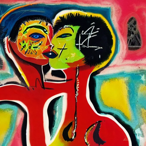 Image similar to beautiful painting of two bizarre psychedelic women kissing each other closeup in a cafe in japan, speculative evolution, mixed media collage by basquiat and jackson pollock, magazine collage art, sapphic art, lesbian art