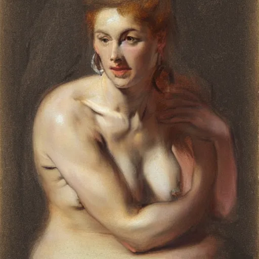 Prompt: study of a woman by peter paul rubens. chalk.