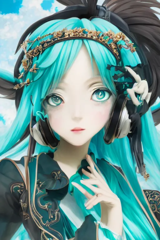 Image similar to Hatsune Miku, dramatic, elaborate emotive Baroque and Rococo styles to emphasize beauty as a transcendental, 8k image, ultra-realistic, the style of WLOP