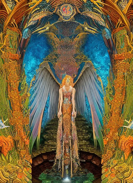 Prompt: Temple of the bird tribe, giant majestic archways, waterfalls, Chinese style temple, fractal, rah, falcon spirit, crystals, huge wings, giant sun mandala, parallax poster composition, women goddess standing with angel wings, perfect symmetry by John James Audubon, Gustav Klimt, Alphonse Mucha, Peter Mohrbacher, art deco, tarot card