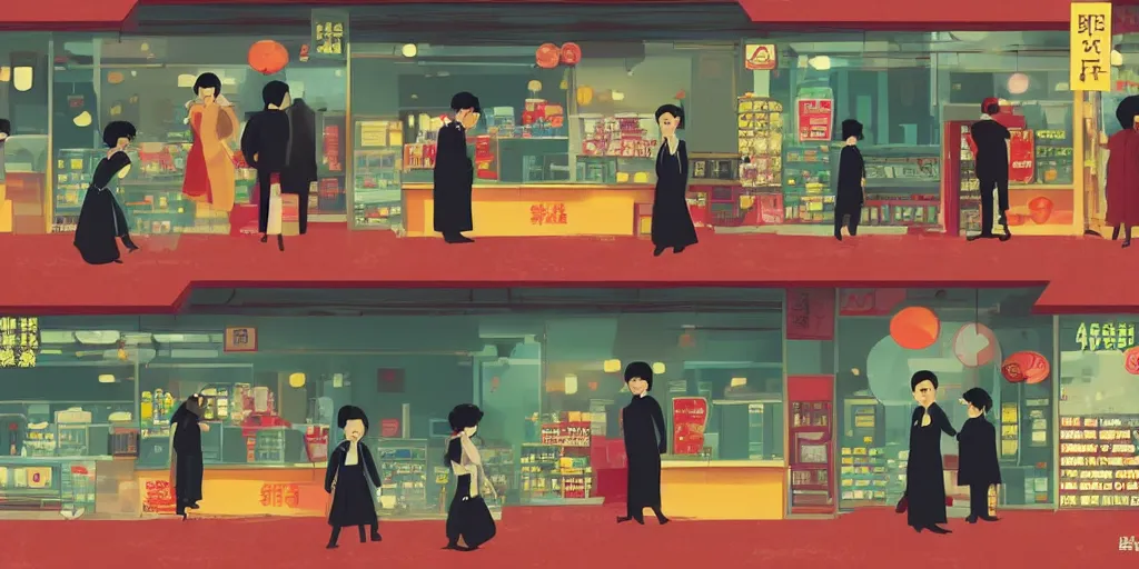 Image similar to style of wong kar - wai and in the mood for love, background in 7 - 1 1 store, background blur, two cartoon sprites talking with each other, cinematic, movie scene, high details, romantic