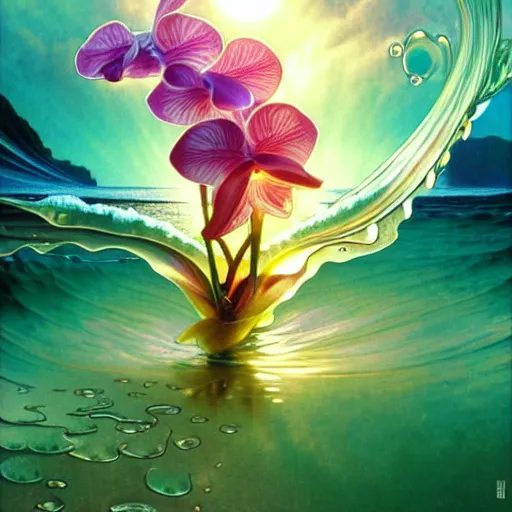 Image similar to detailed giant orchid flower surrounded by ocean wave, lsd water, lsd ripples, transparent droplets, backlit, sunset, refracted lighting, art by collier, albert aublet, krenz cushart, artem demura, alphonse mucha