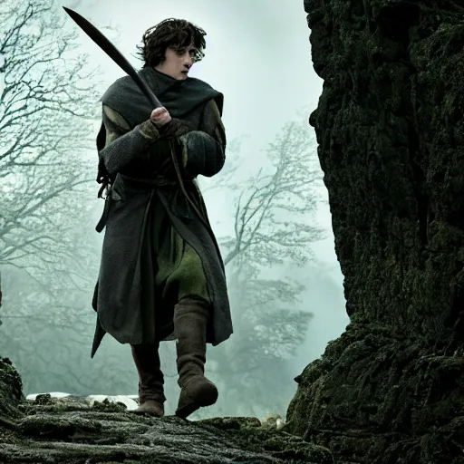 Prompt: half length portrait 7 0 mm photo from lord of the rings of timothy chalamet as a stealthy hobbit assassin, photo by philip - daniel ducasse and yasuhiro wakabayashi and jody rogac and roger deakins