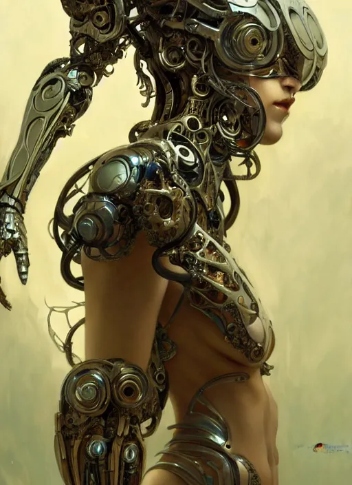 Image similar to organic cyborg, full body, diffuse lighting, fantasy, intricate, elegant, highly detailed, lifelike, photorealistic, digital painting, artstation, illustration, concept art, smooth, sharp focus, art by John Collier and Albert Aublet and Krenz Cushart and Artem Demura and Alphonse Mucha