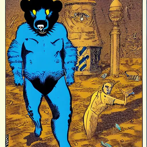 Prompt: a skunk that is blue by richard corben style