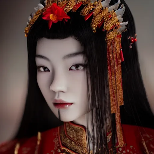 Image similar to high-detail portrait of a beautiful young Chinese woman with black hair that is white at the tips, with amber eyes, a white and red hanfu, masterpiece, trending on artstation, featured on pixiv, cinematic composition, dramatic pose, beautiful lighting, sharp, details, hyper-detailed, HD, HDR, 4K, 8K