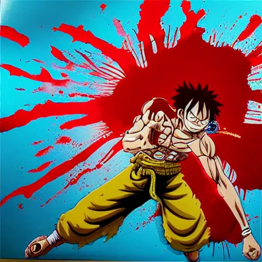 Image similar to die cut sticker, luffy gear 4, splatter paint on paper