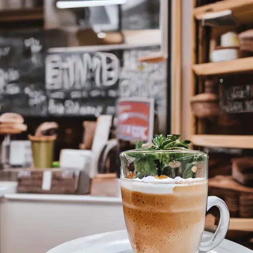 Image similar to hybrid of a latte and a toilet, fresh bakeries in the background, in a bright cafe, 3 5 mm, f 1. 8