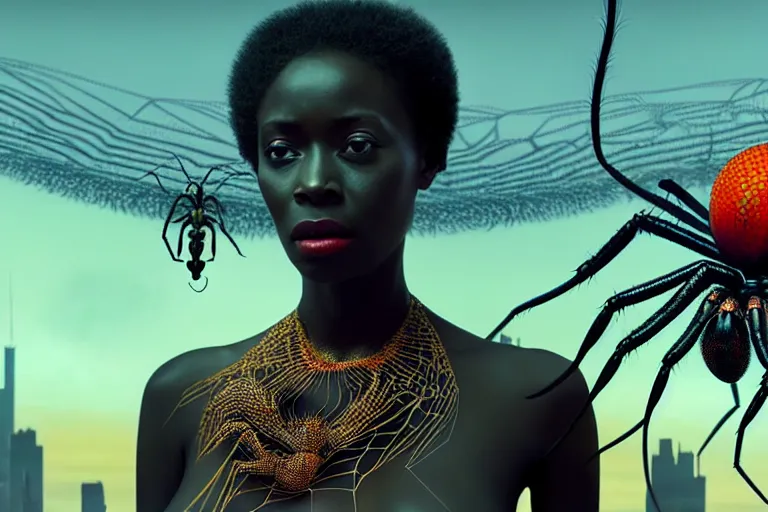 Image similar to realistic detailed photorealistic portrait movie shot of a beautiful black woman with a giant spider, sci fi city landscape background by denis villeneuve, amano, yves tanguy, alphonse mucha, ernst haeckel, david lynch, edward robert hughes, roger dean, cyber necklace, rich moody colours, wide angle