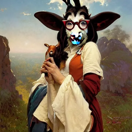 Image similar to anthropomorphic nerdy goat. Renowned character illustration by greg rutkowski, thomas kindkade, alphonse mucha, loish, norman rockwell. Trending on FurAffinity.