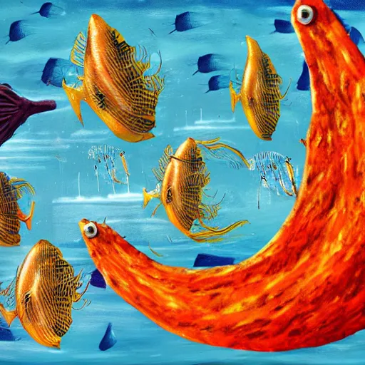 Image similar to battle of fishes, surreal