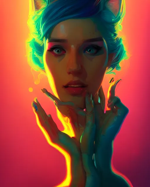 Prompt: lsd, acid trip, a beautiful woman with ( cat ) features, dramatic lighting, by lois van baarle, artgerm, wlop, greg rutkowski, ultra detailed colorful repeating fractals in the background by moebius, beeple, artstation