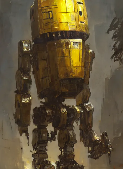 Image similar to human-sized strong intricate yellow pit droid carrying very detailed perfect antique great sword and beautiful large paladin shield, pancake short large head, exposed metal bones, painterly humanoid mecha, slightly far away, by Greg Rutkowski