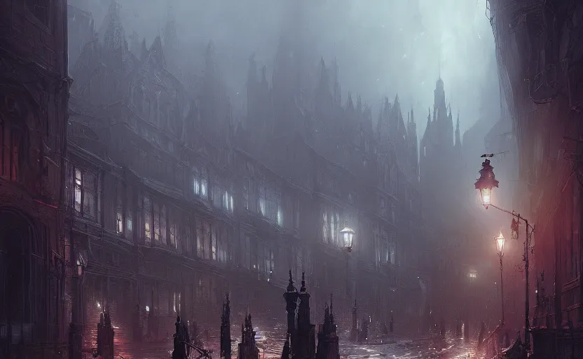 Image similar to Victorian city streets night, bloodborne, Greg Rutkowski, digital art, artstation