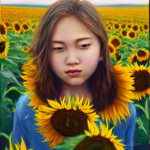 Image similar to a girl smelling one of sunflowers in an amazing tall sunflower field, hair flowing, fog, early morning lightning, subtle, intricate details, real masterpiece, oil on canvas, by somsak anong