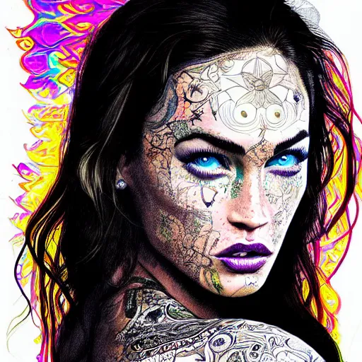 Prompt: an extremely psychedelic portrait of megan fox as mgk, surreal, lsd, face, detailed, intricate, elegant, lithe, highly detailed, digital oth, sharp focus, illustration,