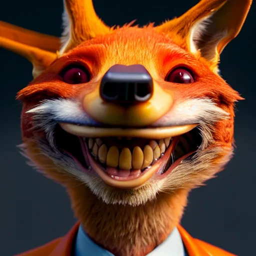 Prompt: weta disney pixar movie still macro close photo of smiling anthropomorphic vulpes vulpes fulva wearing a suit : : by weta, greg rutkowski, wlop, ilya kuvshinov, rossdraws, artgerm, octane render, iridescent, bright morning, anime, liosh, mucha : :