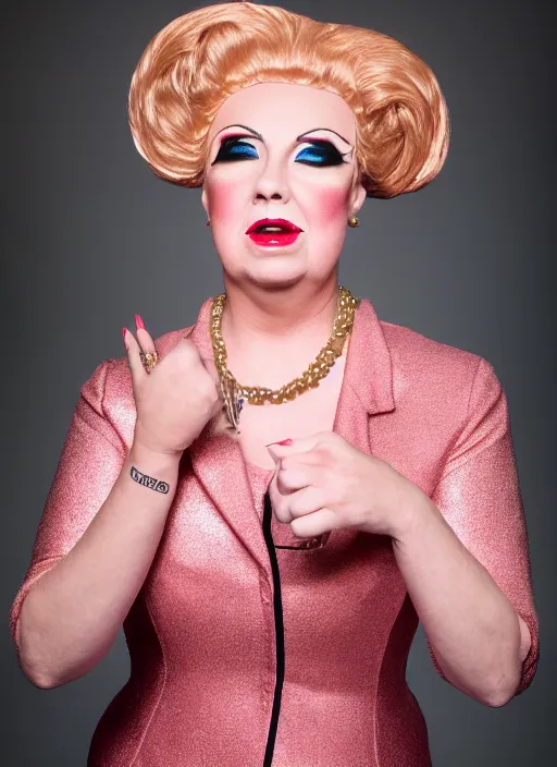 Image similar to studio portrait of lindsey graham in full drag dressed in drag dressed as a woman makeup, 8 k, studio lighting, key light, back light, sequents,