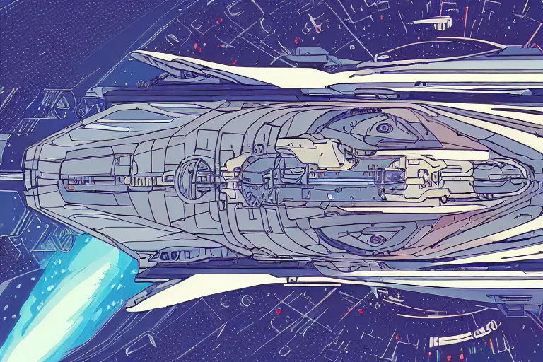 Image similar to a scifi illustration, hyper detailed spaceship interior. top down view. flat colors, limited palette in FANTASTIC PLANET La planète sauvage animation by René Laloux