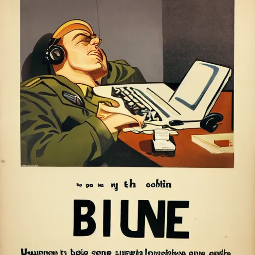 Image similar to a man sleeping at a computer is stung by a bumblebee, ww 2 allied propaganda poster, no text, highly detailed