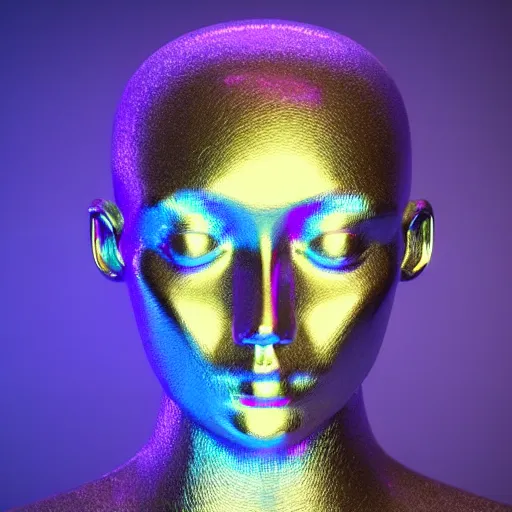 Image similar to 3d render of holographic human robotic head made of glossy iridescent, surrealistic 3d illustration of a human face non-binary, non binary model, 3d model human, cryengine, made of holographic texture, holographic material, holographic rainbow, concept of cyborg and artificial intelligence