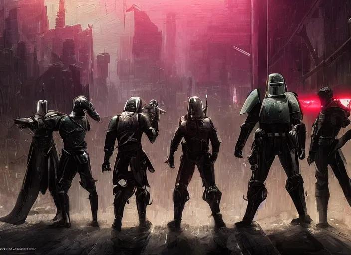 Image similar to a group of medieval cyberpunk knights in a scenic environment, armor inspired by blade runner and boba fett, cybernetic implants, beautiful digital art, action pose, epic lighting, epic composition, sharp focus