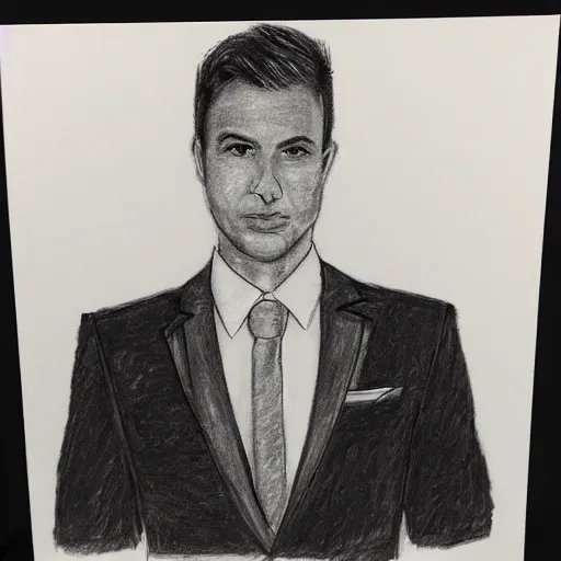 Prompt: ryan gigs wearing a formal suit. court sketch artist. pencil on paper