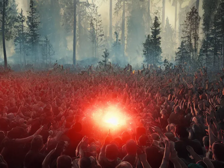 Image similar to brutal mosh pit in a forest fire, 8 k, ultra realistic, lens flare, atmosphere, glow, detailed, intricate, full of colour, cinematic lighting, trending on artstation, 4 k, hyperrealistic, focused, extreme details, unreal engine 5, cinematic, masterpiece