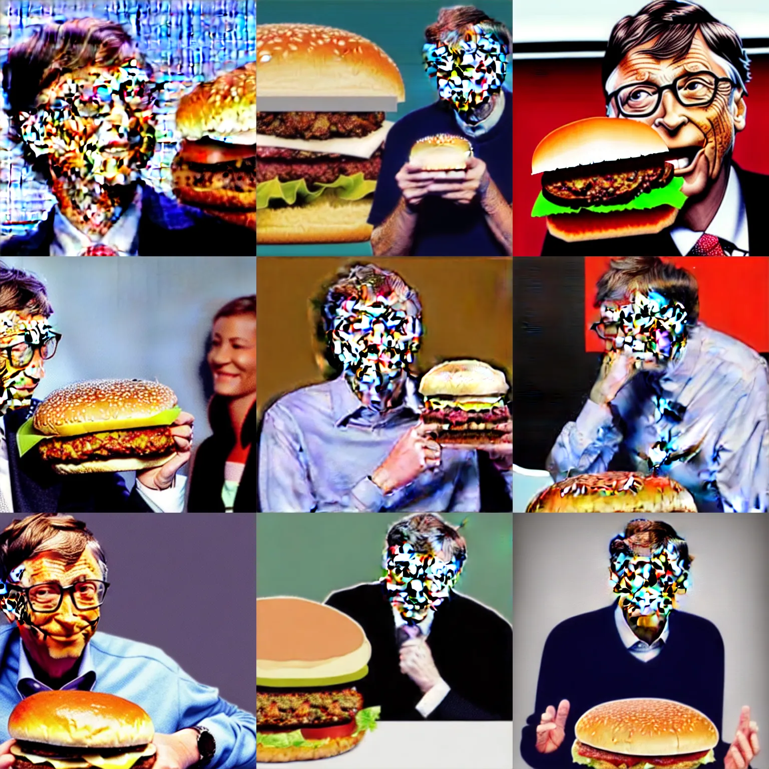 Prompt: bill gates struggling to eat a giant hamburger