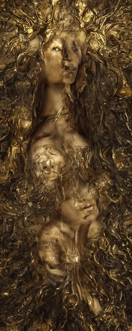 Image similar to portrait photo of a surreal goddess in the middle of a ancient wood, gold fluid simulation in the background, ultra super good realistic 3D render by Pete Morbacher and Emil Melmoth, insanely detailed, trending on artstation, sharp focus