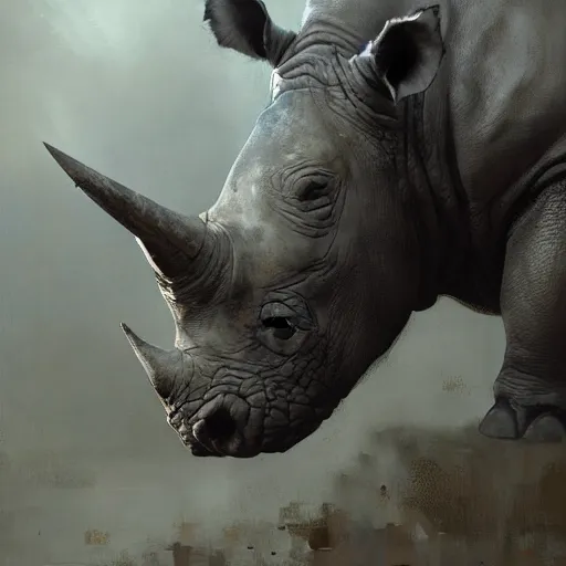 Image similar to portrait of a rhinoceros as a mighty warrior wearing silver armor, holding sword, by craig mullins, jeremy mann, jeremy mann.