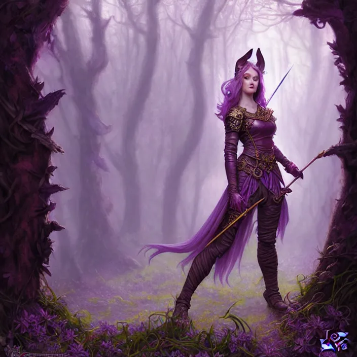 Image similar to d & d bard with her lilac leather armor in a forest, volumetric lighting, fantasy, intricate, elegant, highly detailed, lifelike, photorealistic, digital painting, artstation, fox ears illustration, concept art, sharp focus, by john collier and albert aublet and krenz cushart and artem demura and alphonse mucha