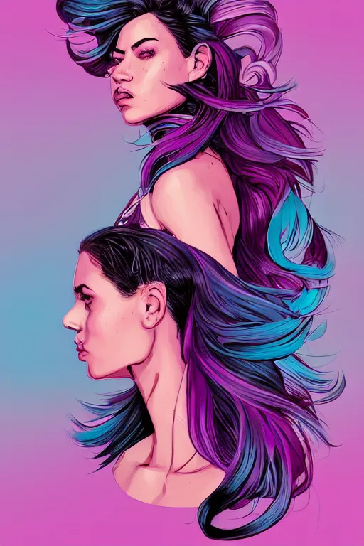 Image similar to a award winning half body porttrait of a beautiful woman in a croptop with ombre purple pink teal hairstyle with head in motion and hair flying by marvel comics and sandra chevrier, outrun, vaporware, illustration, digital art, trending on artstation, highly detailed, fine detail, intricate