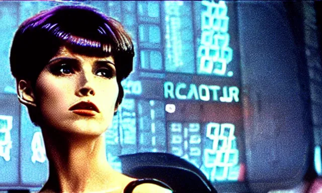 Prompt: full - color cinematic movie still from the 1 9 8 2 film blade runner depicting a very - attractive female police technician conducting the voight - kampff test. science - fiction ; gritty ; dystopian ; detective mystery. detailed facial - features.