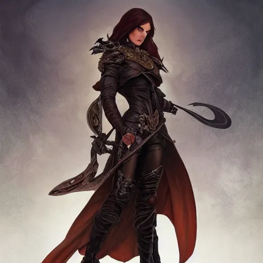 Image similar to ultra realistic illustration, strong female rogue with leather armor and cloak in the painting style of arcane, intricate detail, elegant, highly detailed, digital painting, artstation, concept art, smooth, sharp focus, illustration, art by artgerm and greg rutkowski and alphonse mucha