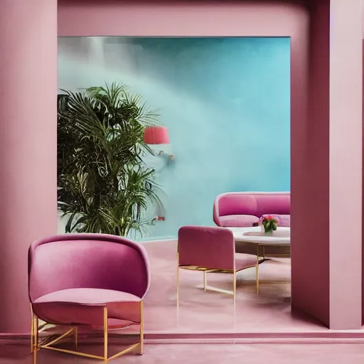 Prompt: a ultra high definition pastel coloured photographic print from a holiday photo album. the photo is a medium frame, 5 0 mm depicting the interior of an expensive alien hotel lobby, furniture and view. the interior was designed by wes anderson. iridescent transparent glass, pink concrete, foam. 8 k. architectural. interior. no artefacts. highly detailed.