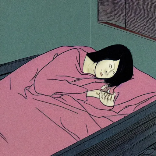 Prompt: Picture of Sadako Yamamura sleeping in bed, painted by moebius, highly detailed, sharp focus, illustration