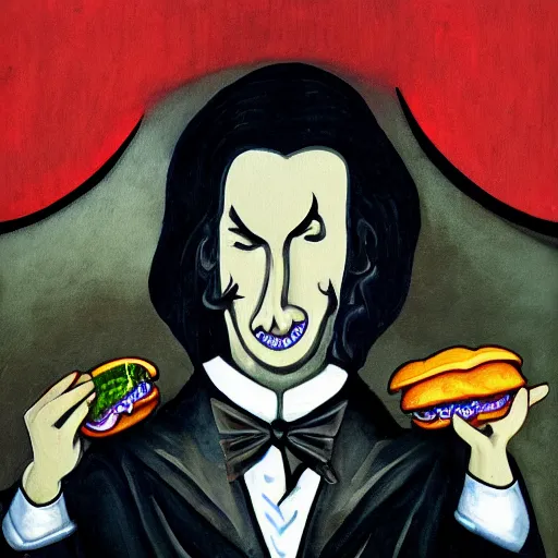 Prompt: Dracula eats a Hamburger, gothic painting